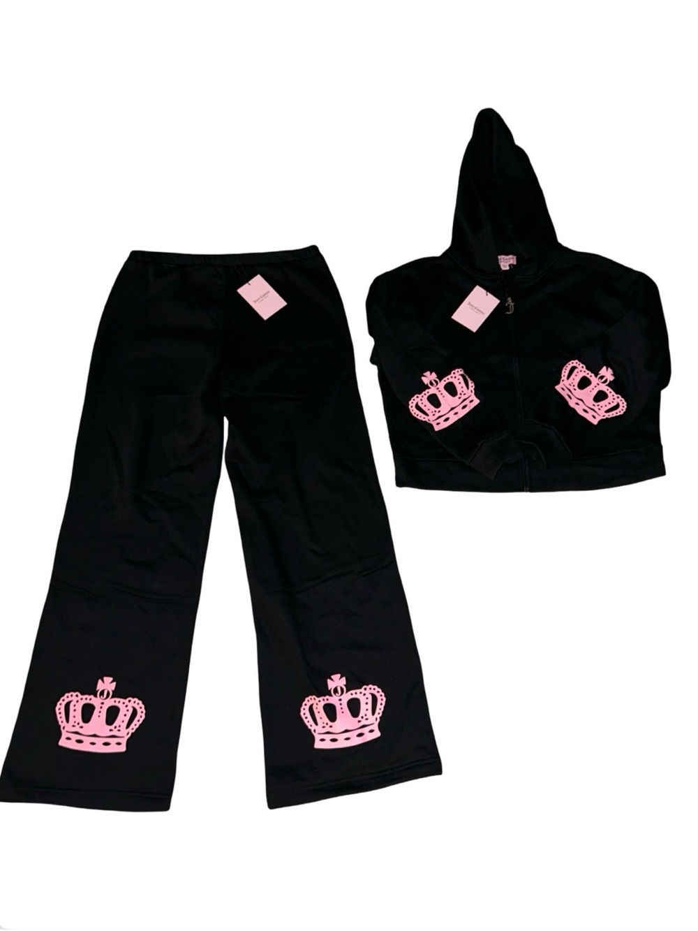 JUICY COUTURE BLACK & PINK CROWN FLEECE BLING RHINESTONE SWEATSUIT NWT